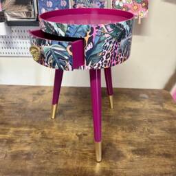 Cherry Blossom Purple Pink Bedside Table. Round Wooden Nightstand With Leopard Design in Pinks, Purples, Greens. Cheetah End Table Gold - thumbnail 3