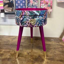 Cherry Blossom Purple Pink Bedside Table. Round Wooden Nightstand With Leopard Design in Pinks, Purples, Greens. Cheetah End Table Gold - thumbnail 2