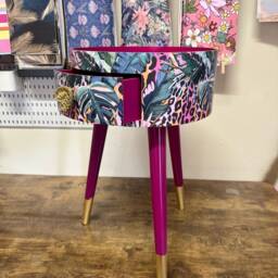 Cherry Blossom Purple Pink Bedside Table. Round Wooden Nightstand With Leopard Design in Pinks, Purples, Greens. Cheetah End Table Gold - thumbnail 4