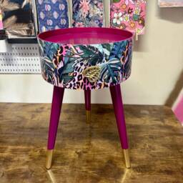 Cherry Blossom Purple Pink Bedside Table. Round Wooden Nightstand With Leopard Design in Pinks, Purples, Greens. Cheetah End Table Gold - thumbnail 1