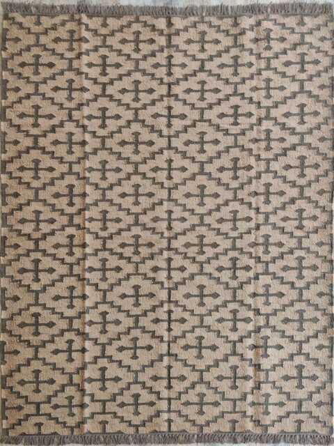 Handwoven Wool Jute Flatweave Rug - Brown & Ivory Tribal Scroll Rug, Geometric Artisan Kilim - image 1