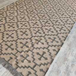 Handwoven Wool Jute Flatweave Rug - Brown & Ivory Tribal Scroll Rug, Geometric Artisan Kilim - thumbnail 2