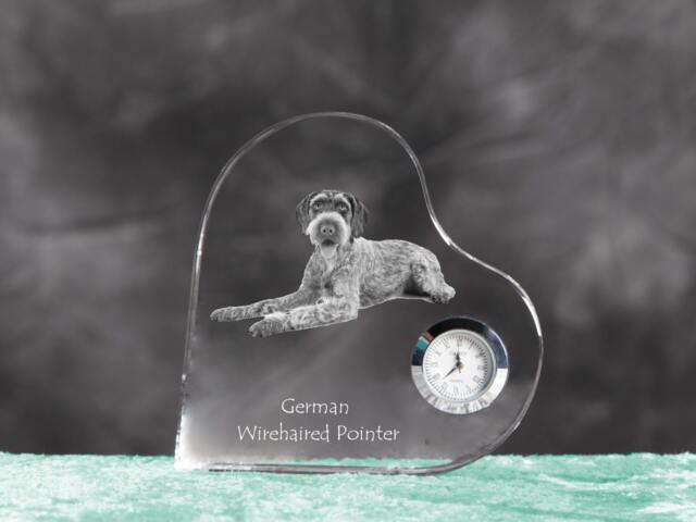 German Wirehaired Pointer - Crystal Clock in The Shape Of A Heart With Image Pure-Bred Dog - image 1