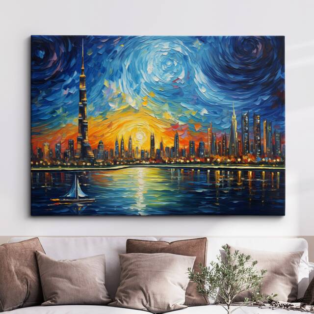 Dubai Starry Night Painting Van Gogh Wall Art, Framed Canvas Poster Print, Home/Office Room Decor Gifts - image 1
