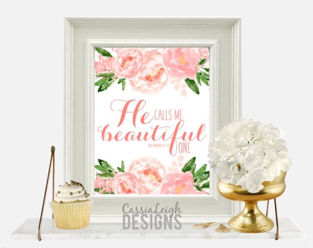 Printable Bible Verse Decor, Flowers Scripture Print Wall Art Decor Nursery - He Calls Me Beautiful One Quote - image 1