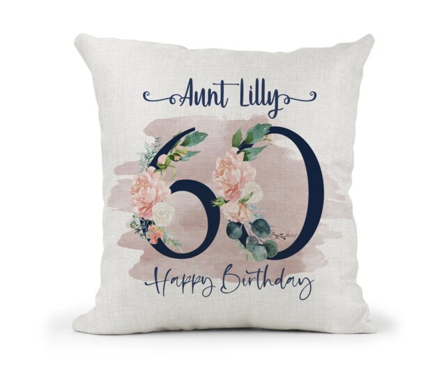 Personalised 60Th Special Birthday Cushion Navy & Peach Floral Mum, Nan, Friend, Sister Gift - image 1