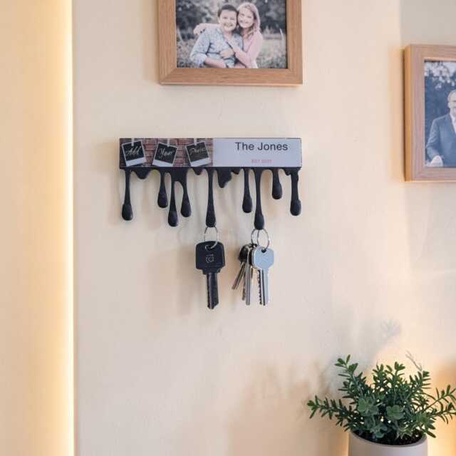 Personalised Key Holder Wall, Custom Family Name Rack With Photos , Dripping Paint Hanger , Entryway Organizer , Housewarming Gift - image 1