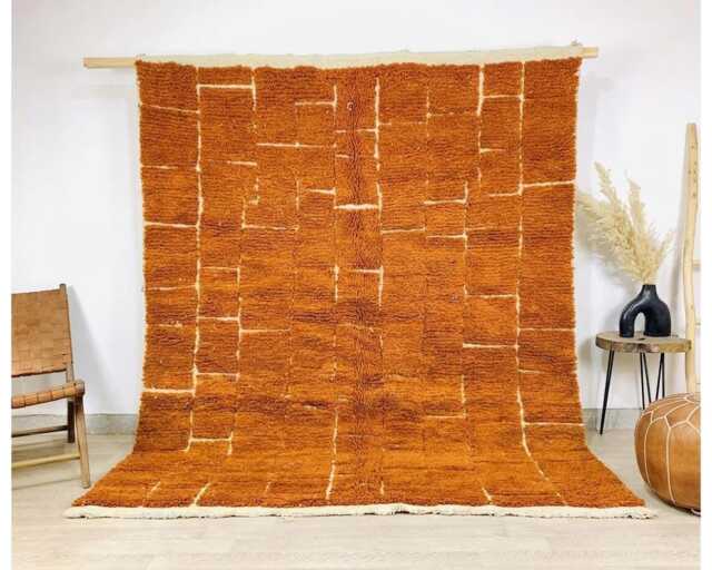 Orange White Grid Moroccan Rug, Hand Tufted Berber Shag Carpet, Large Area Boho Living Room Decor, Custom Wool Mat - image 1