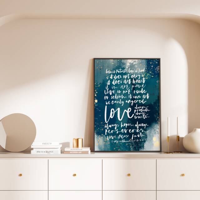 Love Never Fails, 1 Corinthians 13 Print, Wall Art, Christian Bible Verse Wedding Gift, Wall Art, Blue Wave - image 1
