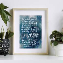 Love Never Fails, 1 Corinthians 13 Print, Wall Art, Christian Bible Verse Wedding Gift, Wall Art, Blue Wave - thumbnail 2