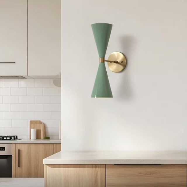 Mid-Century Modern Wall Sconce - Green & Brass Double Cone Light - image 1