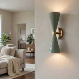 Mid-Century Modern Wall Sconce - Green & Brass Double Cone Light - thumbnail 2