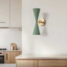 Mid-Century Modern Wall Sconce - Green & Brass Double Cone Light - thumbnail 1