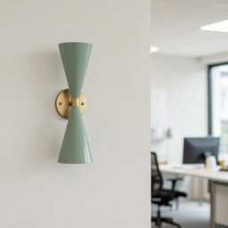 Mid-Century Modern Wall Sconce - Green & Brass Double Cone Light - thumbnail 3