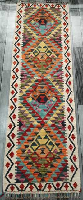 Tribal Runner Rug, Handmade Artisan Afghan Turkish Scandinavian Navajo Bohemian Flatweave Wool Kilim Rug 195x58 cm - image 1