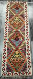 Tribal Runner Rug, Handmade Artisan Afghan Turkish Scandinavian Navajo Bohemian Flatweave Wool Kilim Rug 195x58 cm - thumbnail 1