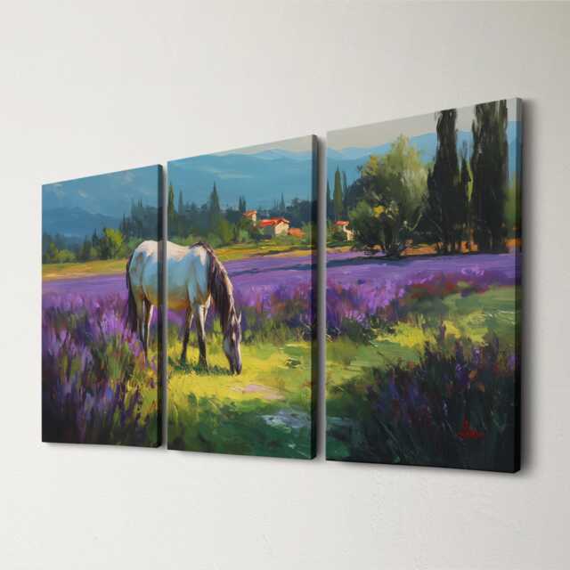 Horse in Lavender Field 3 Panel Split Canvas Wall Art Animal Landscape French Countryside Farmhouse Oil Painting Framed Home Decor - image 1