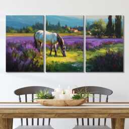 Horse in Lavender Field 3 Panel Split Canvas Wall Art Animal Landscape French Countryside Farmhouse Oil Painting Framed Home Decor - thumbnail 2