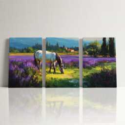 Horse in Lavender Field 3 Panel Split Canvas Wall Art Animal Landscape French Countryside Farmhouse Oil Painting Framed Home Decor - thumbnail 3