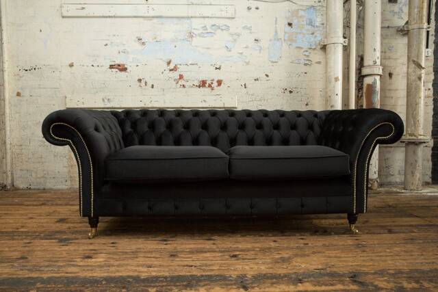 Unique British Handmade Black Velvet 3 Seater Chesterfield Sofa - Reflex Cushion Seat - image 1