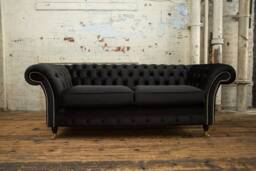 Unique British Handmade Black Velvet 3 Seater Chesterfield Sofa - Reflex Cushion Seat
