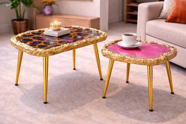 Arty Coffee Table, Handmade Epoxy Resin Pink Tiger Art Side Table , Modern Home Decor Gold Legs - image 1