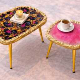 Arty Coffee Table, Handmade Epoxy Resin Pink Tiger Art Side Table , Modern Home Decor Gold Legs - thumbnail 2