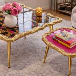 Arty Coffee Table, Handmade Epoxy Resin Pink Tiger Art Side Table , Modern Home Decor Gold Legs - thumbnail 3