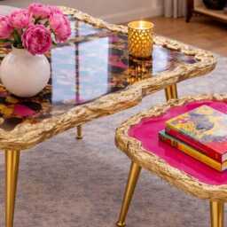 Arty Coffee Table, Handmade Epoxy Resin Pink Tiger Art Side Table , Modern Home Decor Gold Legs - thumbnail 4