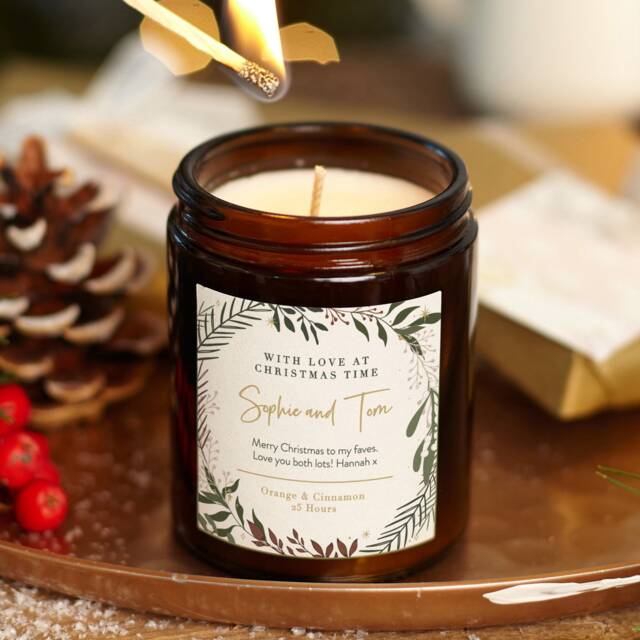 Personalised Christmas Candle Gift Botanical Wreath, Soy Wax, Couples Gift - image 1
