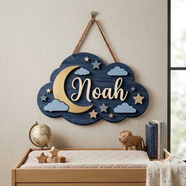 Personalized Baby Name Sign, Navy Blue Moon Stars Cloud 3D Layered Wood Nursery Wall Decor, Custom Shower Gift - image 1