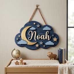 Personalized Baby Name Sign, Navy Blue Moon Stars Cloud 3D Layered Wood Nursery Wall Decor, Custom Shower Gift - thumbnail 1