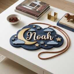 Personalized Baby Name Sign, Navy Blue Moon Stars Cloud 3D Layered Wood Nursery Wall Decor, Custom Shower Gift - thumbnail 3