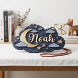 Personalized Baby Name Sign, Navy Blue Moon Stars Cloud 3D Layered Wood Nursery Wall Decor, Custom Shower Gift - thumbnail 2