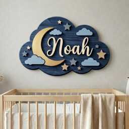 Personalized Baby Name Sign, Navy Blue Moon Stars Cloud 3D Layered Wood Nursery Wall Decor, Custom Shower Gift - thumbnail 4