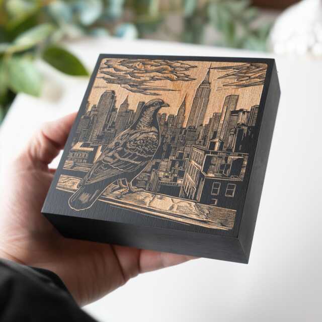 Pigeon in New York City - Engraved Birch Wood Panel Linocut Block Print Wall Art, State Illustration, Bird Folk Art Home Decor Gift - image 1