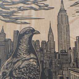 Pigeon in New York City - Engraved Birch Wood Panel Linocut Block Print Wall Art, State Illustration, Bird Folk Art Home Decor Gift - thumbnail 2