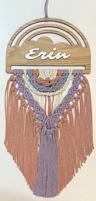 Personalised Macrame Rainbow Wall Hanging Oak Wood Nursery Decor - image 1