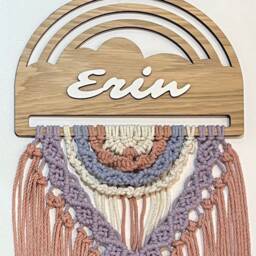 Personalised Macrame Rainbow Wall Hanging Oak Wood Nursery Decor - thumbnail 2