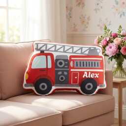 Personalized Fire Truck Shaped Pillow, Custom Name Kids Throw Cushion, Engine Plush Nursery Bedroom Decor For Boys - thumbnail 2