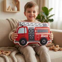 Personalized Fire Truck Shaped Pillow, Custom Name Kids Throw Cushion, Engine Plush Nursery Bedroom Decor For Boys - thumbnail 1