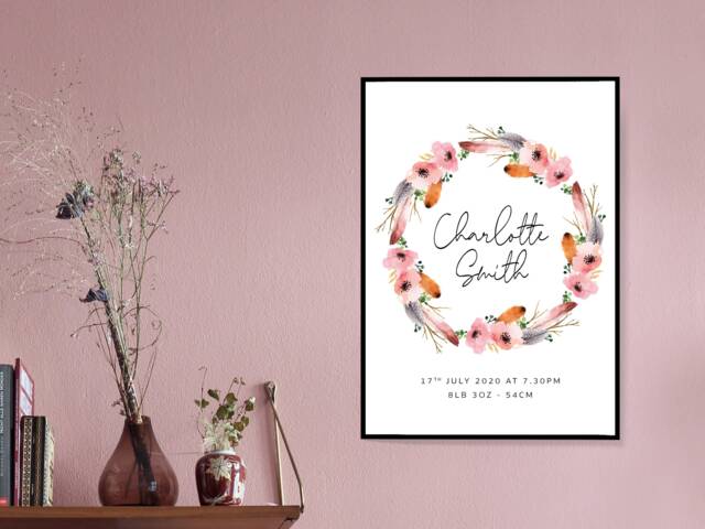 Newborn Floral Wreath - Baby Weight Personalised Print Nursery Custom Decor Gift Bespoke A5 A4 A3 Framed - image 1