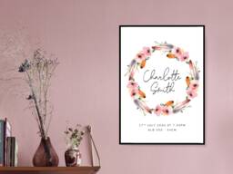 Newborn Floral Wreath - Baby Weight Personalised Print Nursery Custom Decor Gift Bespoke A5 A4 A3 Framed - thumbnail 1