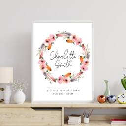 Newborn Floral Wreath - Baby Weight Personalised Print Nursery Custom Decor Gift Bespoke A5 A4 A3 Framed - thumbnail 2