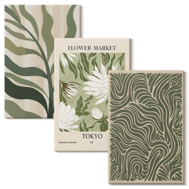 Canvas Wall Art Set Of 3 - Plant Patterns, Botanical Decorations, Boho Style, Green Art, Plants & Flowers Hanging Piece - image 1