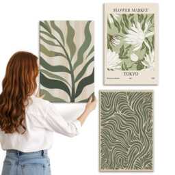 Canvas Wall Art Set Of 3 - Plant Patterns, Botanical Decorations, Boho Style, Green Art, Plants & Flowers Hanging Piece - thumbnail 2