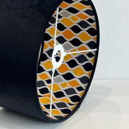 New Sale Black & Yellow Retro Geometric Double Sided Velvet Drum Lamp Shade 30cm Dia X 18 H With Brush Gold Lining - thumbnail 2
