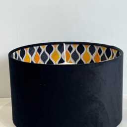 New Sale Black & Yellow Retro Geometric Double Sided Velvet Drum Lamp Shade 30cm Dia X 18 H With Brush Gold Lining - thumbnail 4