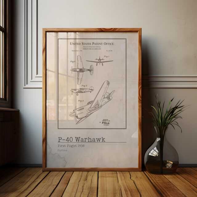 Curtiss P-40 Warhawk Patent Poster Vintage Aviation Print - image 1