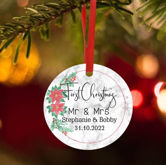 Personalised With Name & Date - First Christmas Mr & Mrs Beautiful Aluminium Tree Decoration Pendant - image 1